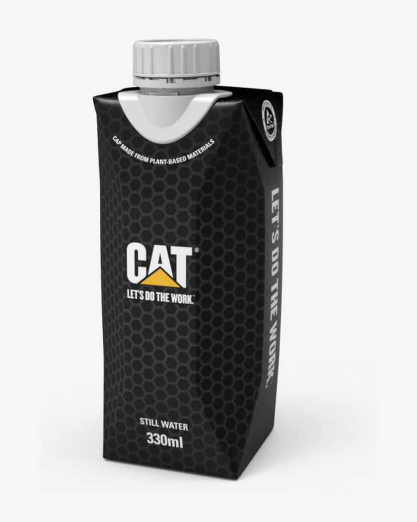 Referenz unseres Produktionspartners: gebrandete Karton-Wasserflasche für CAT (Industrie)
