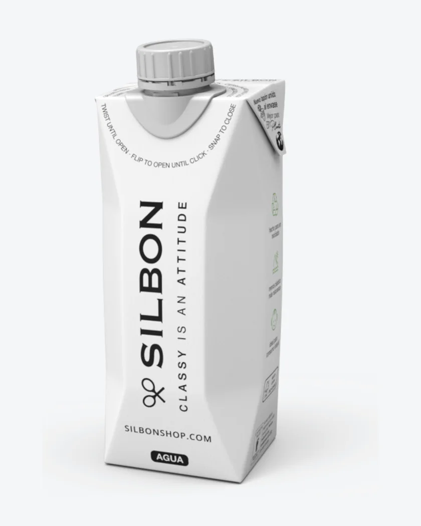 Referenz unseres Produktionspartners: gebrandete Karton-Wasserflasche für Silbon (Mode)