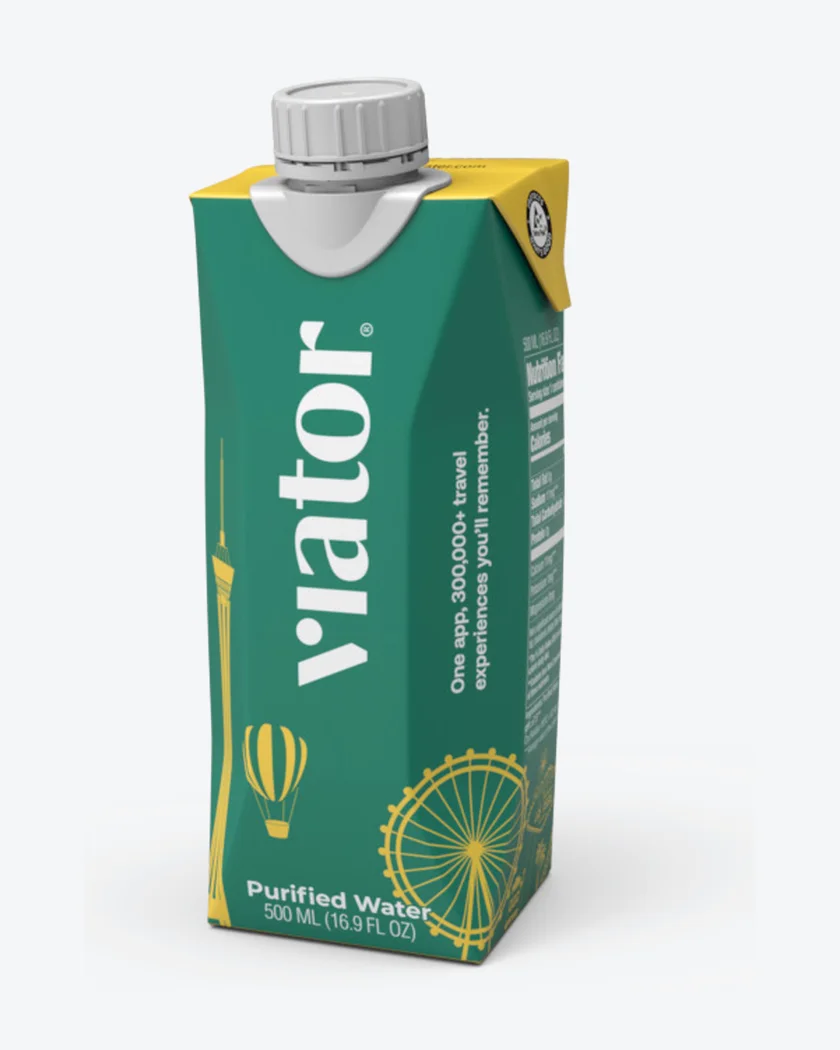 Referenz unseres Produktionspartners: gebrandete Karton-Wasserflasche für Viator (Reisen & Erlebnisse)